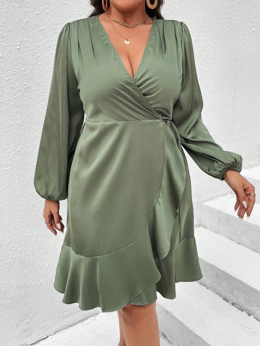 Celure 大碼燈籠袖荷葉邊側繫帶圍裹式洋裝 - 軍綠色 - 查看 1