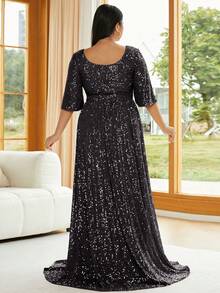 seomiscky Plus V Neck Sequin Floor Length Dress - Black - View 2