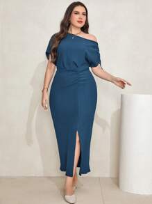 Modelyn 大碼抽繩蝙蝠袖高衩連衣裙 - 水鴨藍 - 查看 5