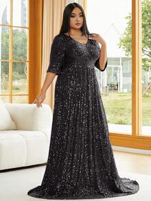 seomiscky Plus V Neck Sequin Floor Length Dress - Black - View 3
