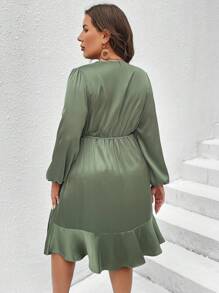 Celure 大碼燈籠袖荷葉邊側繫帶圍裹式洋裝 - 軍綠色 - 查看 3