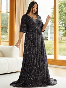 seomiscky Plus V Neck Sequin Floor Length Dress - Black - View 5