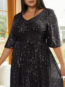 seomiscky Plus V Neck Sequin Floor Length Dress - Black - View 6
