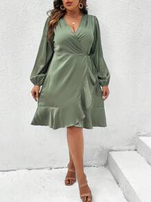 Celure 大碼燈籠袖荷葉邊側繫帶圍裹式洋裝 - 軍綠色 - 查看 6