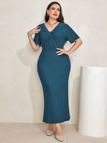 Mulvari Plus Twist Front Ribbed Knit Dress - Navy Blue - View 3