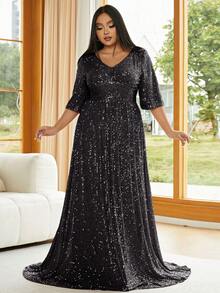seomiscky Plus V Neck Sequin Floor Length Dress - Black - View 8