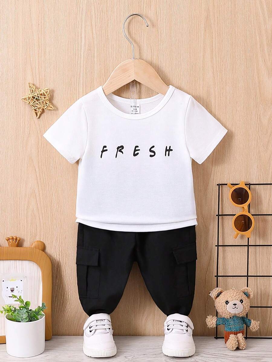 男嬰字母圖案T恤&翻蓋口袋長褲 - 彩色 - 查看 1