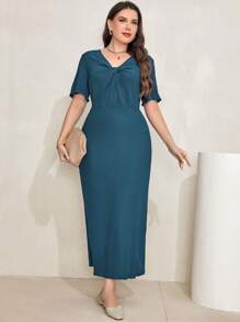 Mulvari Plus Twist Front Ribbed Knit Dress - Navy Blue - View 5