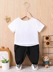 男嬰字母圖案T恤&翻蓋口袋長褲 - 彩色 - 查看 2