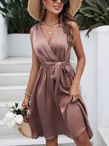 SHEIN Frenchy Solid Belted Satin Dress