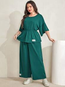 Mulvari Plus Letter Patched Drop Shoulder Peplum Tee & Wide Leg Pants - Green - View 1