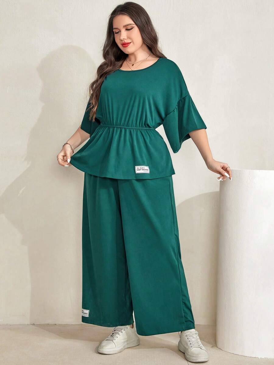 Mulvari Plus Letter Patched Drop Shoulder Peplum Tee & Wide Leg Pants - Green - View 1