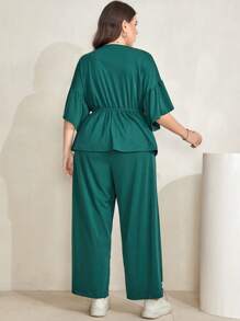 Mulvari Plus Letter Patched Drop Shoulder Peplum Tee & Wide Leg Pants - Green - View 2