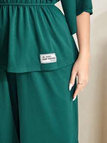 Mulvari Plus Letter Patched Drop Shoulder Peplum Tee & Wide Leg Pants - Green - View 3