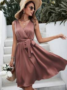 SHEIN Frenchy Solid Belted Satin Dress