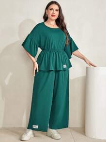 Mulvari Plus Letter Patched Drop Shoulder Peplum Tee & Wide Leg Pants - Green - View 4