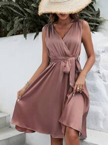 SHEIN Frenchy Solid Belted Satin Dress