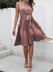 SHEIN Frenchy Solid Belted Satin Dress