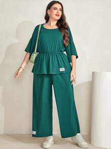 Mulvari Plus Letter Patched Drop Shoulder Peplum Tee & Wide Leg Pants - Green - View 6