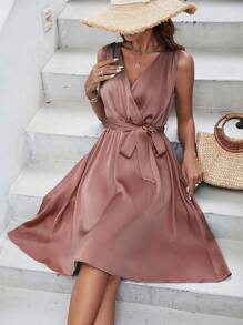 SHEIN Frenchy Solid Belted Satin Dress