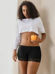 SHEIN Shorts con borde de encaje sólido antiexposición - Negro - Ver 4