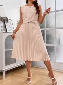 SHEIN Franclia Hơn Mặt trước xoắn Viền xếp Đầm - Màu be - Xem 1