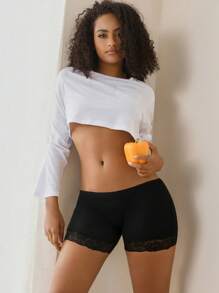 SHEIN Shorts con borde de encaje sólido antiexposición - Negro - Ver 5