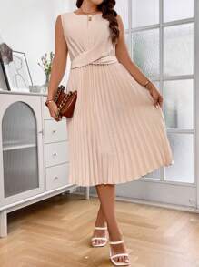 SHEIN Franclia Hơn Mặt trước xoắn Viền xếp Đầm - Màu be - Xem 3