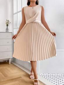 SHEIN Franclia Hơn Mặt trước xoắn Viền xếp Đầm - Màu be - Xem 4