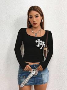 Women's Goth Low Cut Sexy Cross Print T-Shirt - Black - View 1