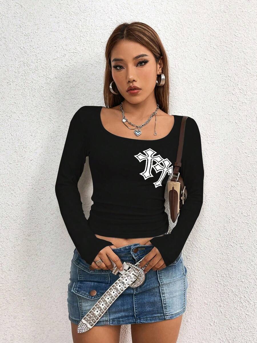 Women's Goth Low Cut Sexy Cross Print T-Shirt - Black - View 1