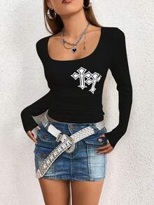 Women's Goth Low Cut Sexy Cross Print T-Shirt - Black - View 4
