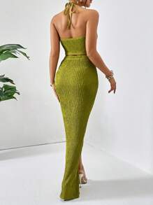 Firerie Solid Crop Halter Top & Twist Front Split Thigh Skirt Two Piece - Green - View 2