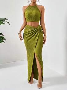 Firerie Solid Crop Halter Top & Twist Front Split Thigh Skirt Two Piece - Green - View 3