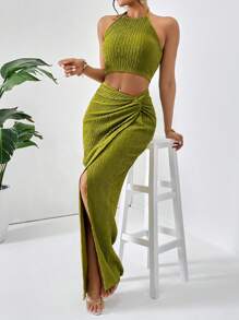 Firerie Solid Crop Halter Top & Twist Front Split Thigh Skirt Two Piece - Green - View 1