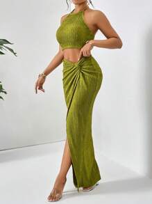 Firerie Solid Crop Halter Top & Twist Front Split Thigh Skirt Two Piece - Green - View 6