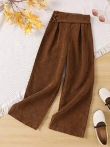 SHEIN 女大童紐扣細節闊腿褲 - 棕色 - 查看 1
