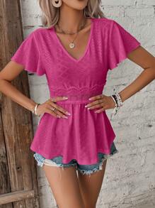 SHEIN Frenchy Eyelet Embroidery Butterfly Sleeve Peplum Blouse - Pink - View 1