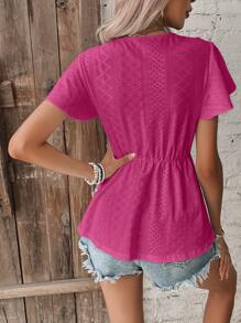 SHEIN Frenchy Eyelet Embroidery Butterfly Sleeve Peplum Blouse - Pink - View 2
