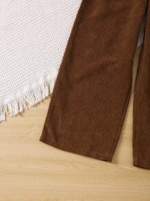 SHEIN 女大童紐扣細節闊腿褲 - 棕色 - 查看 4