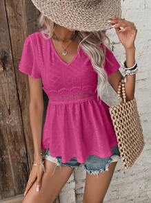 SHEIN Frenchy Eyelet Embroidery Butterfly Sleeve Peplum Blouse - Pink - View 6