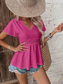 SHEIN Frenchy Eyelet Embroidery Butterfly Sleeve Peplum Blouse - Pink - View 7