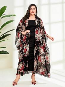 Modelyn Plus Floral Print Batwing Sleeve Coat & Dress - Black - View 1