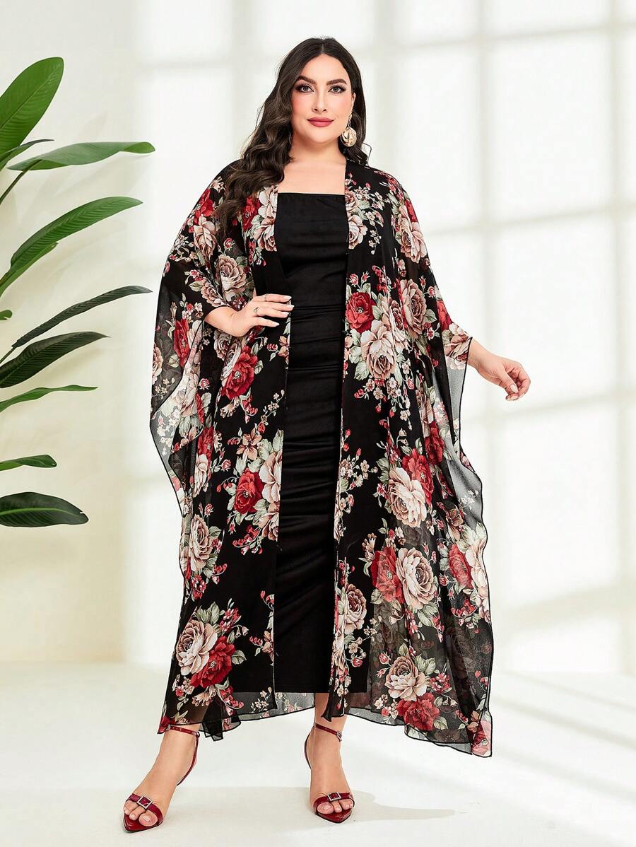 Modelyn Plus Floral Print Batwing Sleeve Coat & Dress - Black - View 1