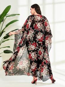 Modelyn Plus Floral Print Batwing Sleeve Coat & Dress - Black - View 2