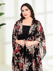 Modelyn Plus Floral Print Batwing Sleeve Coat & Dress - Black - View 4