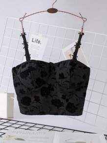 Tween Girl Floral Jacquard Cami Top - Black - View 1