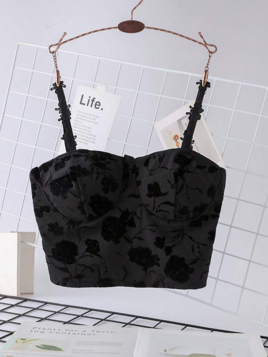 Tween Girl Floral Jacquard Cami Top - Black - View 1