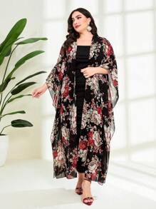 Modelyn Plus Floral Print Batwing Sleeve Coat & Dress - Black - View 5