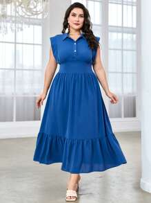 Mulvari Plus Solid Button Front Ruffle Hem Dress